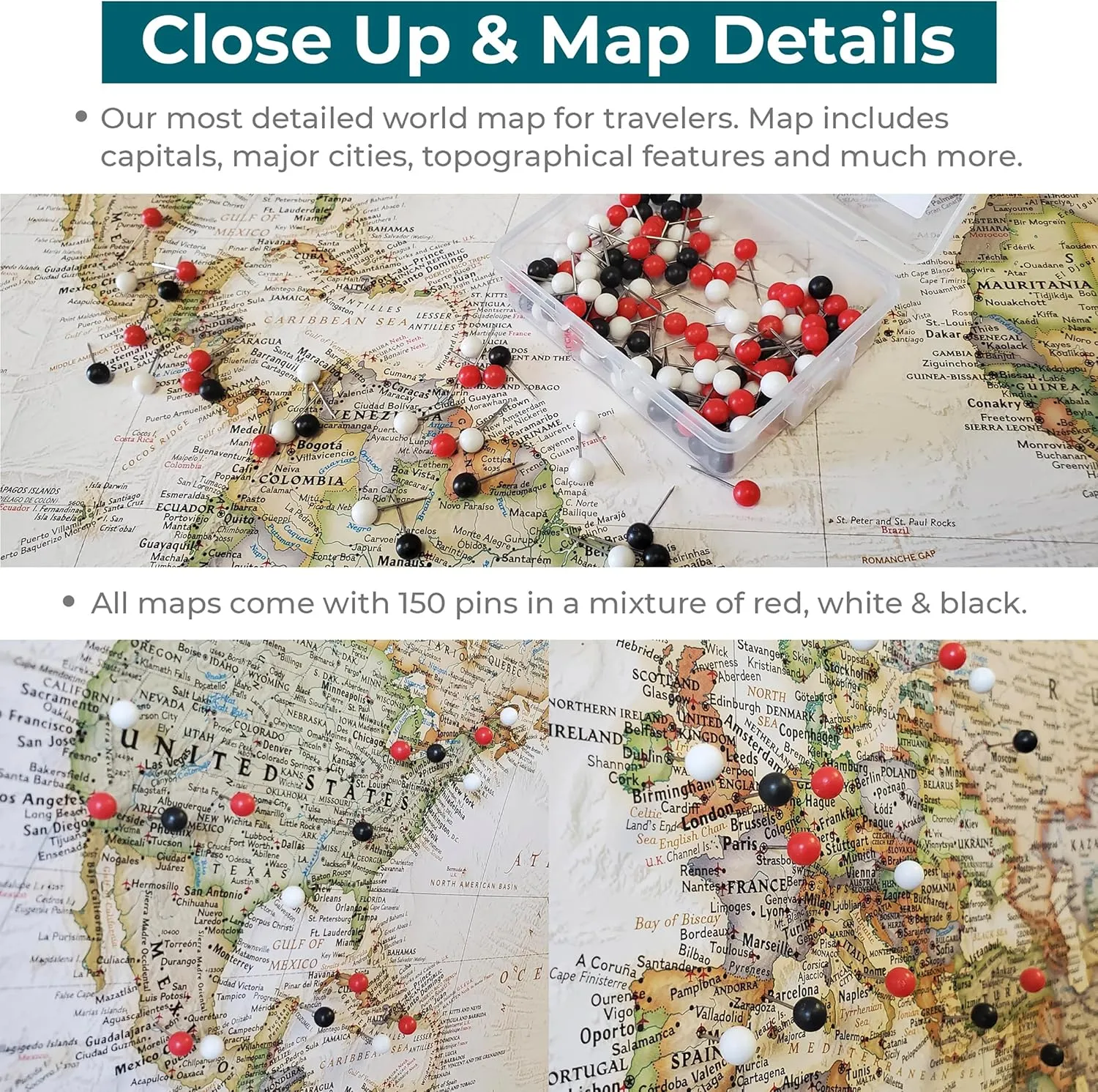 Push Pin Travel Maps Customizable Wall Art - Executive World - Black Frame - Framed Pin Map, Includes 150 Pins - Handcrafted in USA - 27.5" x 39.5"
