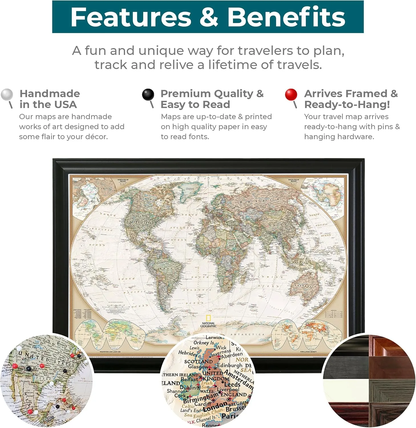 Push Pin Travel Maps Customizable Wall Art - Executive World - Black Frame - Framed Pin Map, Includes 150 Pins - Handcrafted in USA - 27.5" x 39.5"