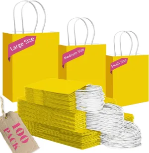qiqee 100PCS Gift Bag with Handles Bulk Bright Yellow Paper Bags Assorted Sizes(33pcs Large 13",33pcs Medium 11",34pcs Small 8")