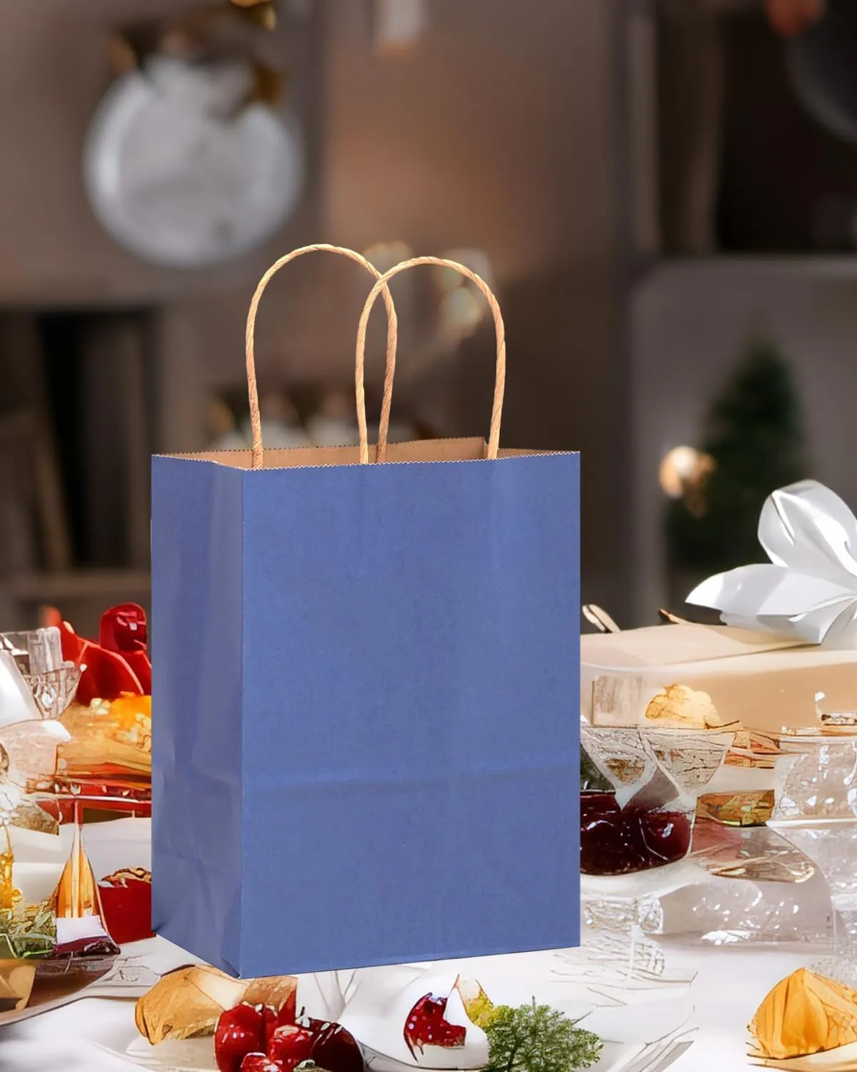 qiqee 100PCS Gift Bag with Handles Bulk Kraft Deep Blue Paper Bags Multiple Uses (11"x5"x8"inch Medium Size)