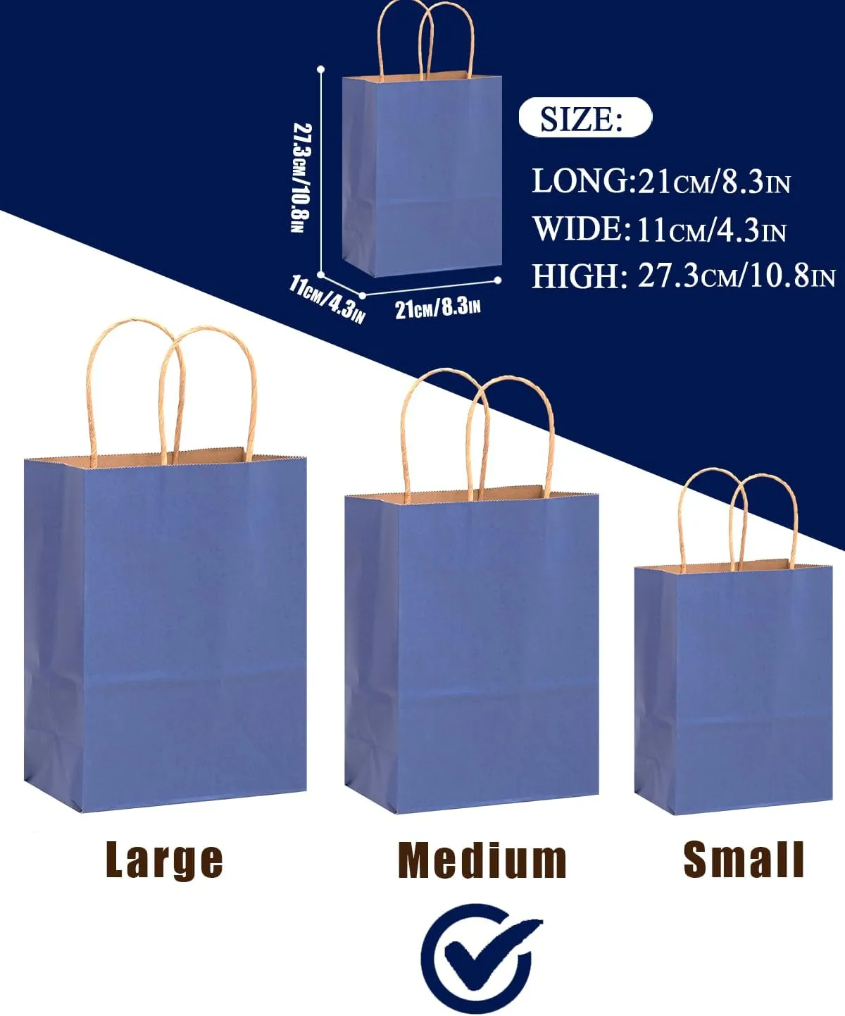 qiqee 100PCS Gift Bag with Handles Bulk Kraft Deep Blue Paper Bags Multiple Uses (11"x5"x8"inch Medium Size)