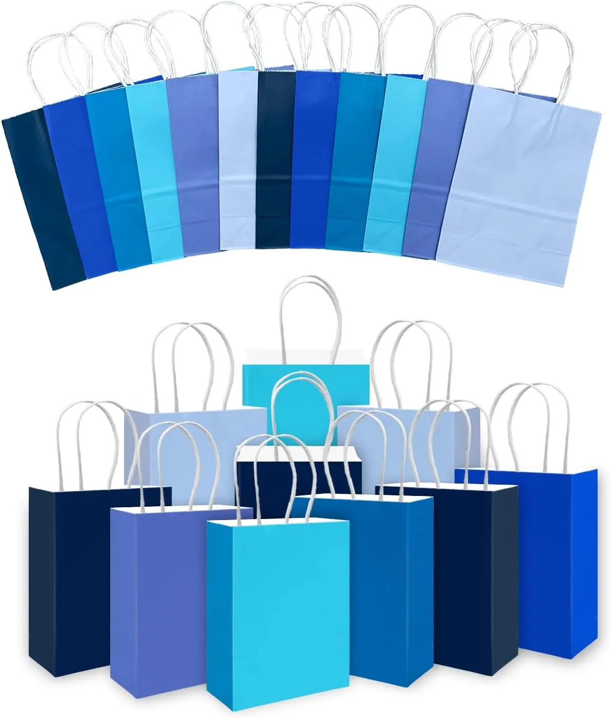 qiqee 30PCS Medium Gift Bag with Handles Bulk 11"x5"x8" Gift Bags 6 Different Blue Color Bags Multiple Uses (Medium Size)