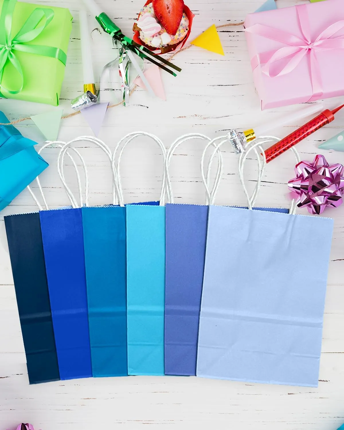 qiqee 30PCS Medium Gift Bag with Handles Bulk 11"x5"x8" Gift Bags 6 Different Blue Color Bags Multiple Uses (Medium Size)