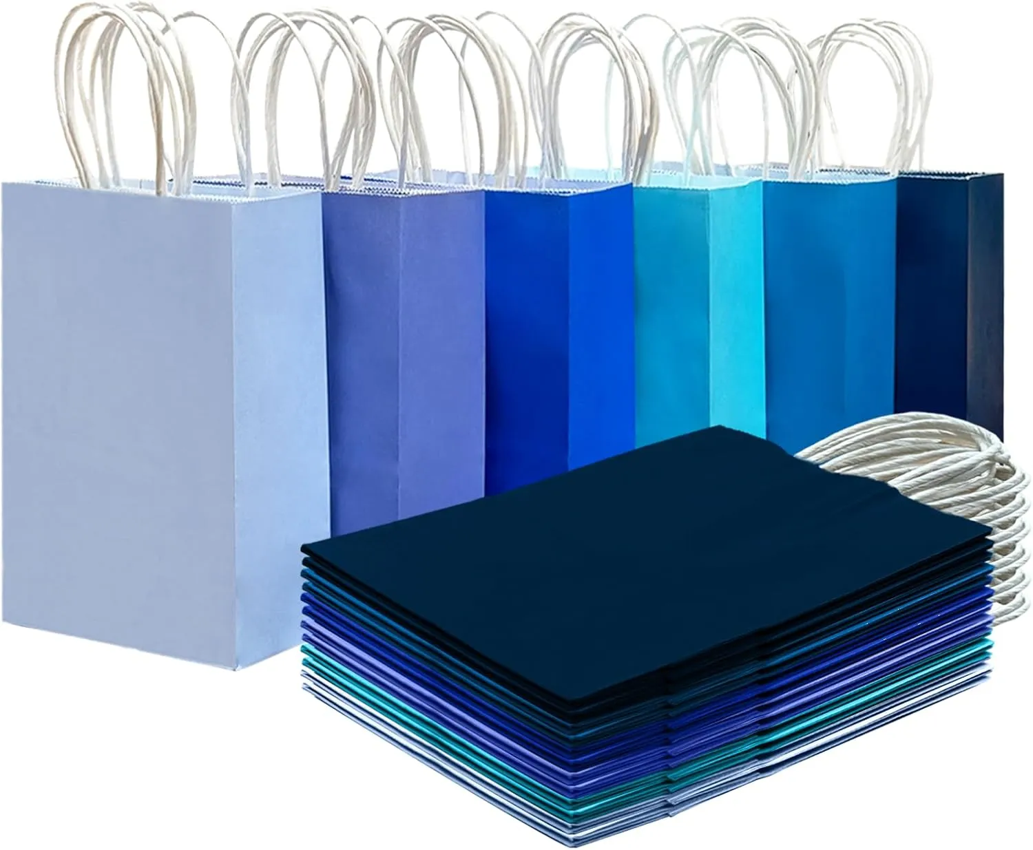 qiqee 30PCS Medium Gift Bag with Handles Bulk 11"x5"x8" Gift Bags 6 Different Blue Color Bags Multiple Uses (Medium Size)