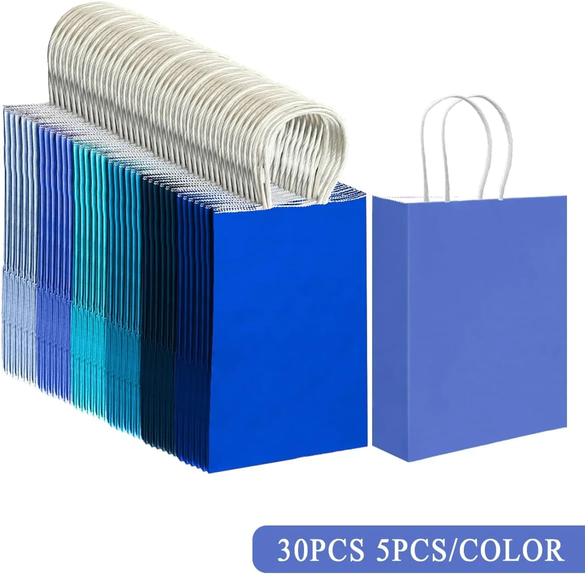 qiqee 30PCS Medium Gift Bag with Handles Bulk 11"x5"x8" Gift Bags 6 Different Blue Color Bags Multiple Uses (Medium Size)