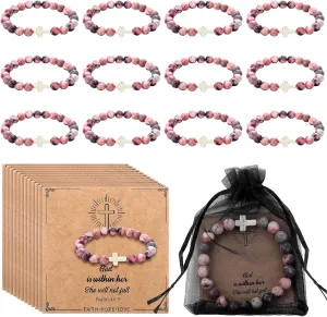 Quelay 12 Set Christian Gifts for Women Bible Verse Bracelet Baptism Religious Elastic Beads Bracelet with Card Mesh Bag Religious Inspirational Gift Jesus Faith for Mom Friend
