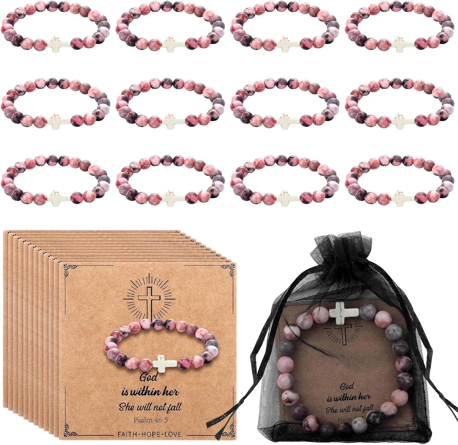 Quelay 12 Set Christian Gifts for Women Bible Verse Bracelet Baptism Religious Elastic Beads Bracelet with Card Mesh Bag Religious Inspirational Gift Jesus Faith for Mom Friend