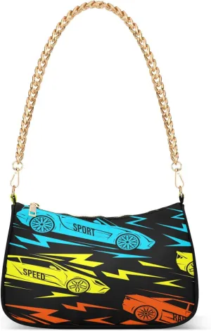 Race Car Lightning Shoulder Bag for Women Hobo Tote Handbag Gold Chain Crossbody Bag with Zipper Clutch Purse Handbags