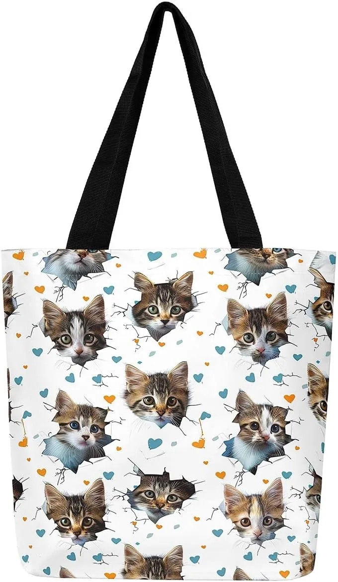 Rainbow Canvas Tote Bag for Women,Love Hearts Duffle Bag Colorful Cartoon Raindrop Reusable Grocery Shoulder Bag