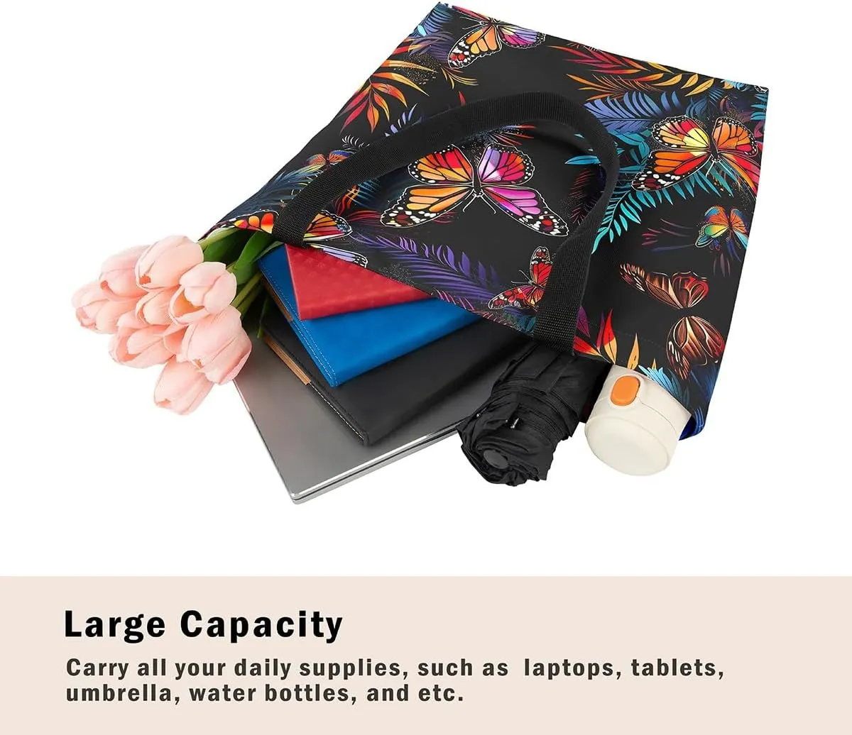 Rainbow Canvas Tote Bag for Women,Love Hearts Duffle Bag Colorful Cartoon Raindrop Reusable Grocery Shoulder Bag