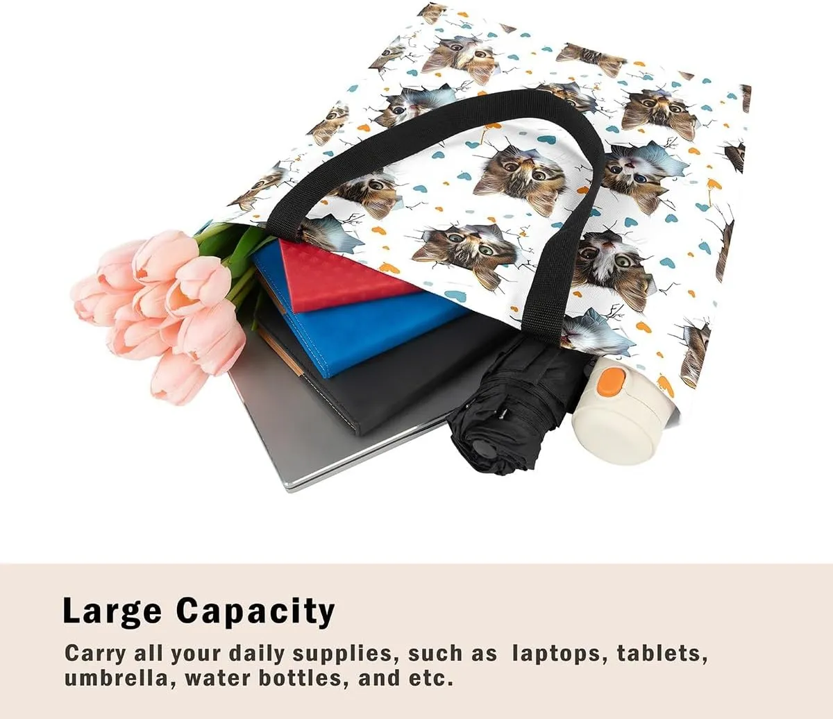 Rainbow Canvas Tote Bag for Women,Love Hearts Duffle Bag Colorful Cartoon Raindrop Reusable Grocery Shoulder Bag