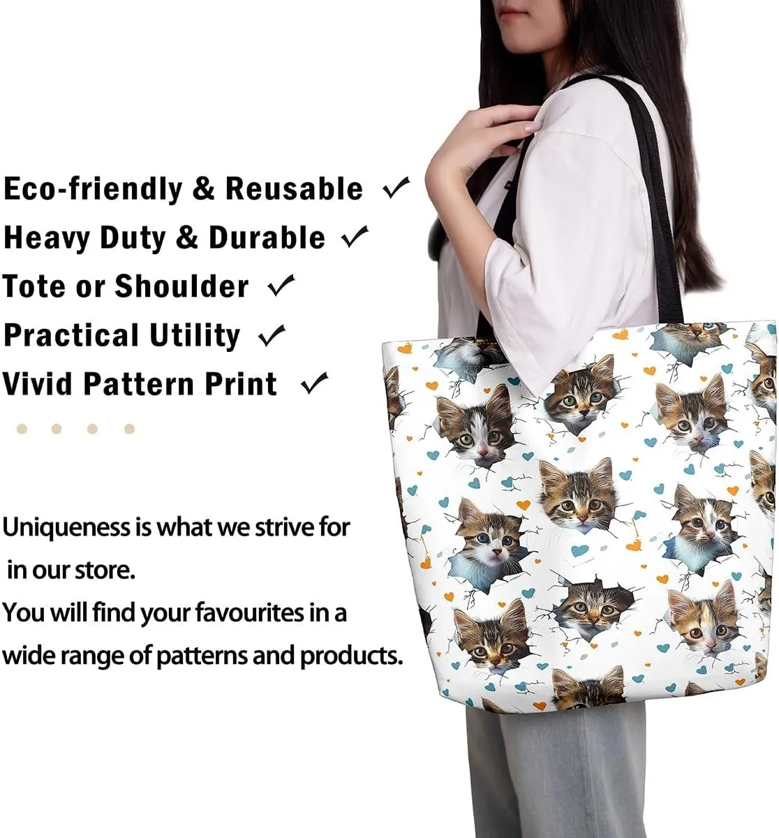 Rainbow Canvas Tote Bag for Women,Love Hearts Duffle Bag Colorful Cartoon Raindrop Reusable Grocery Shoulder Bag