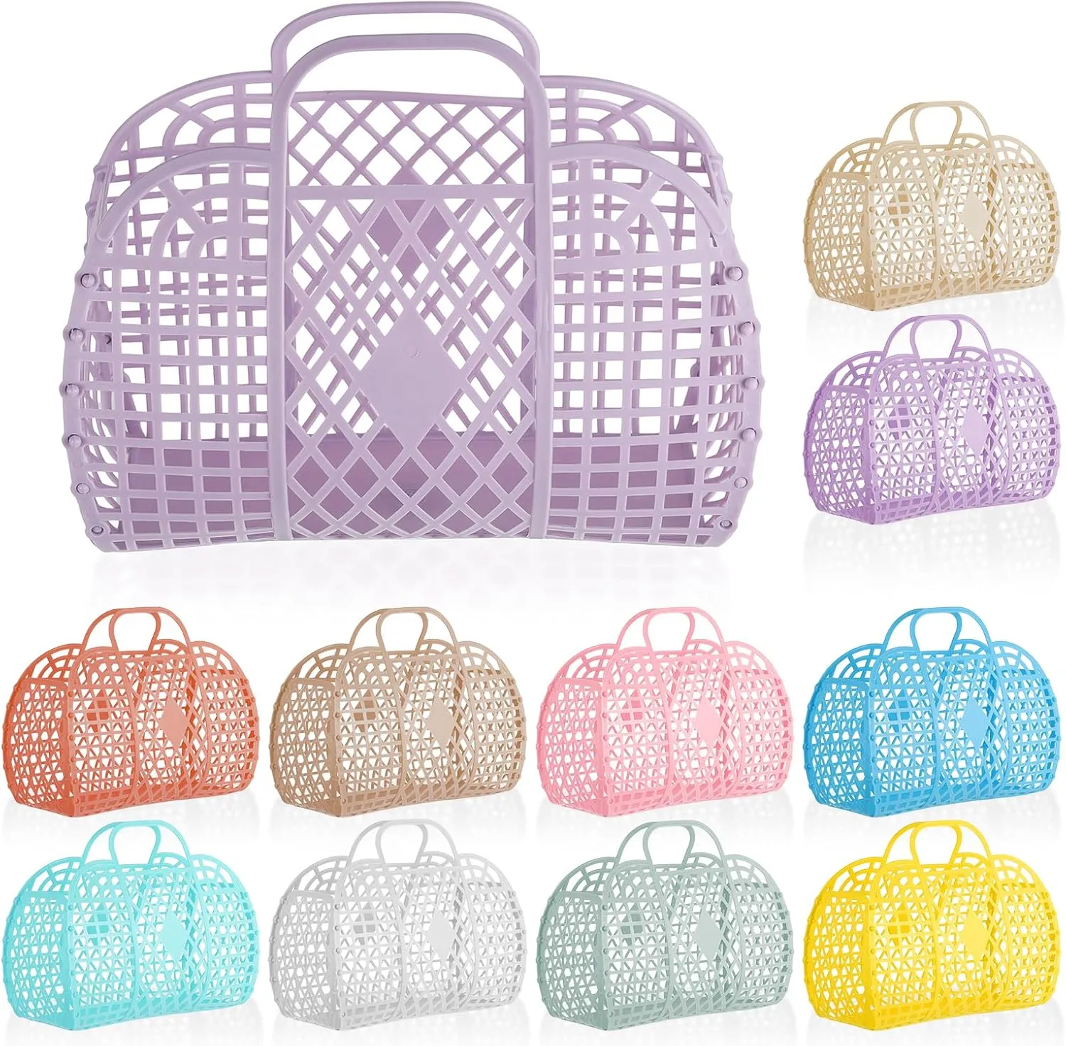 Rainmae 10 Pcs Jelly Purse Jelly Basket Beach Bags, Reusable Tote Beach Handbags, Plastic Beach Basket for Women Girls
