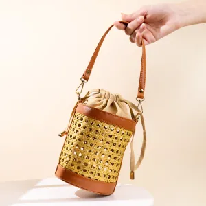 Rattan Weave Bucket Bag - Tan