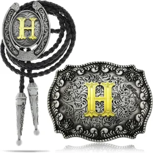 RechicGu 2 Pieces Western Cowboy Belt Buckle Bolo Tie Set Golden Initial Letter ABCJ to Z Rodeo Belt Buckles for Women Men
