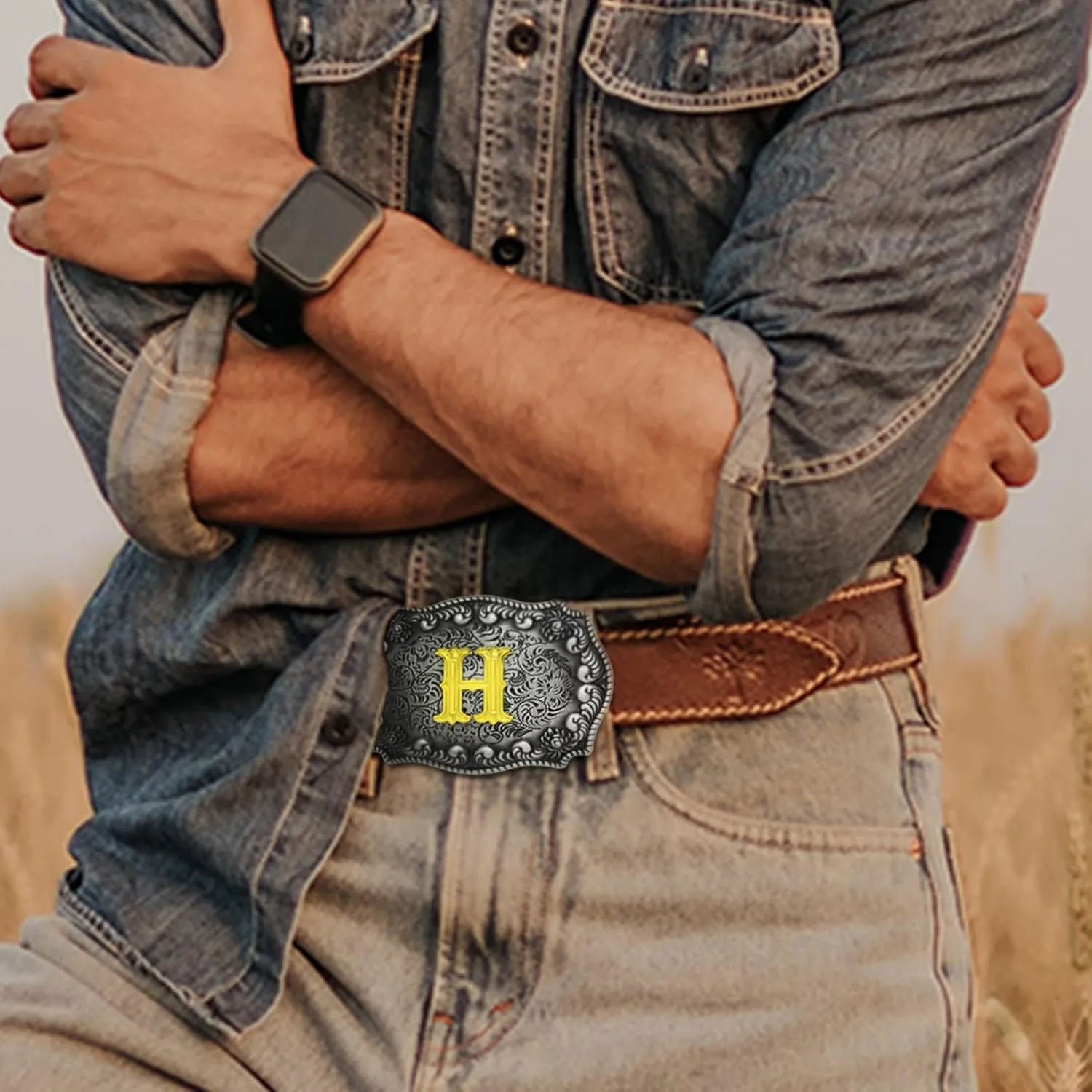 RechicGu 2 Pieces Western Cowboy Belt Buckle Bolo Tie Set Golden Initial Letter ABCJ to Z Rodeo Belt Buckles for Women Men