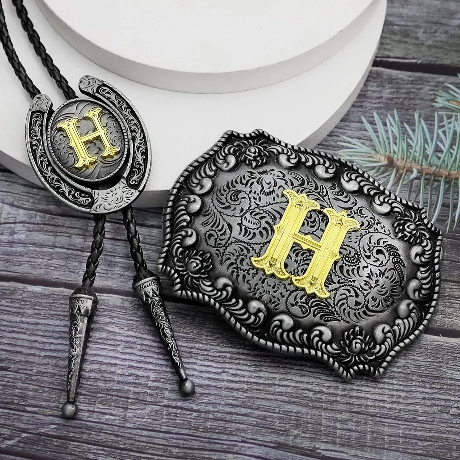 RechicGu 2 Pieces Western Cowboy Belt Buckle Bolo Tie Set Golden Initial Letter ABCJ to Z Rodeo Belt Buckles for Women Men