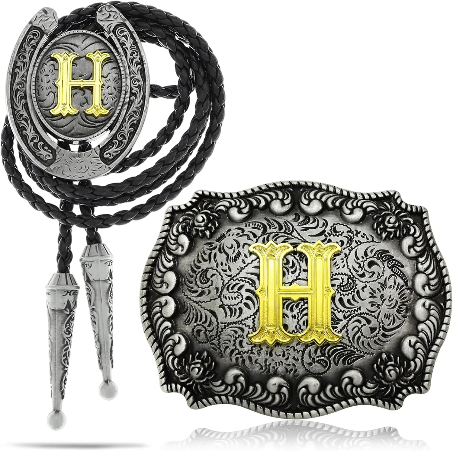 RechicGu 2 Pieces Western Cowboy Belt Buckle Bolo Tie Set Golden Initial Letter ABCJ to Z Rodeo Belt Buckles for Women Men