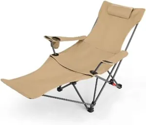 Reclining Camping Chairs with Footrest Folding Lounge Chair Support 400 LBS,Adjustable Backrest Camp Pillow Beach for Adults(Gray) (Khaki)