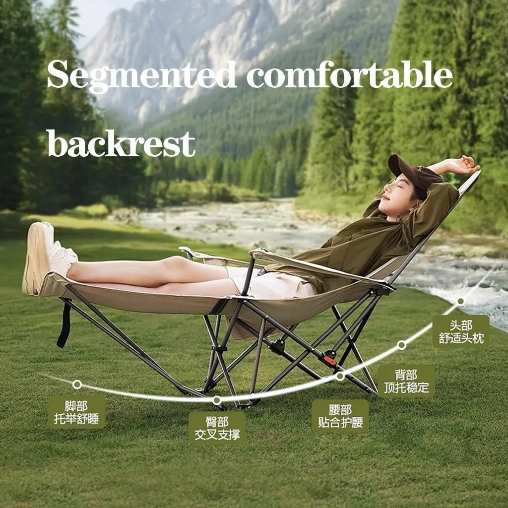 Reclining Camping Chairs with Footrest Folding Lounge Chair Support 400 LBS,Adjustable Backrest Camp Pillow Beach for Adults(Gray) (Khaki)
