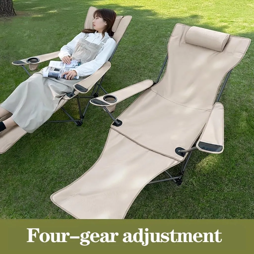 Reclining Camping Chairs with Footrest Folding Lounge Chair Support 400 LBS,Adjustable Backrest Camp Pillow Beach for Adults(Gray) (Khaki)