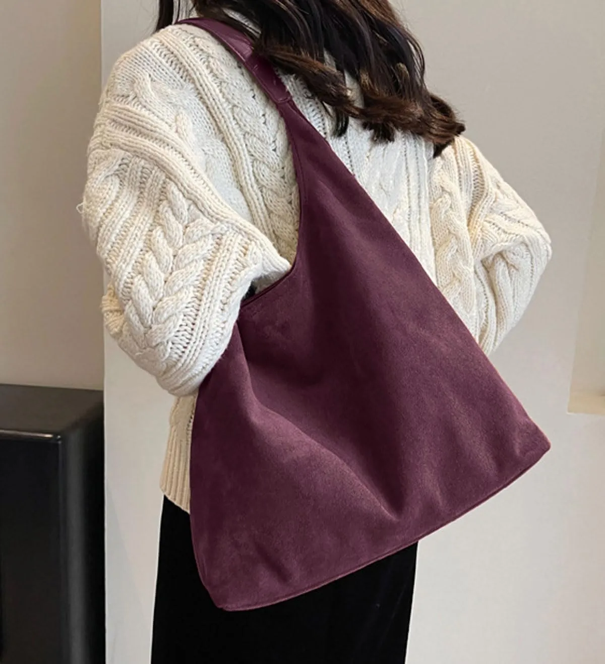 Retro Slouchy Suede Tote Bags for Women Top Handle Large Hobo Bag Fall Winter Shoulder Handbags, Burgundy