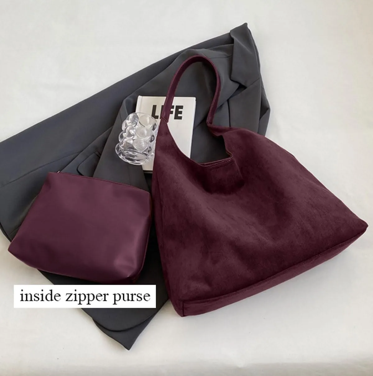 Retro Slouchy Suede Tote Bags for Women Top Handle Large Hobo Bag Fall Winter Shoulder Handbags, Burgundy