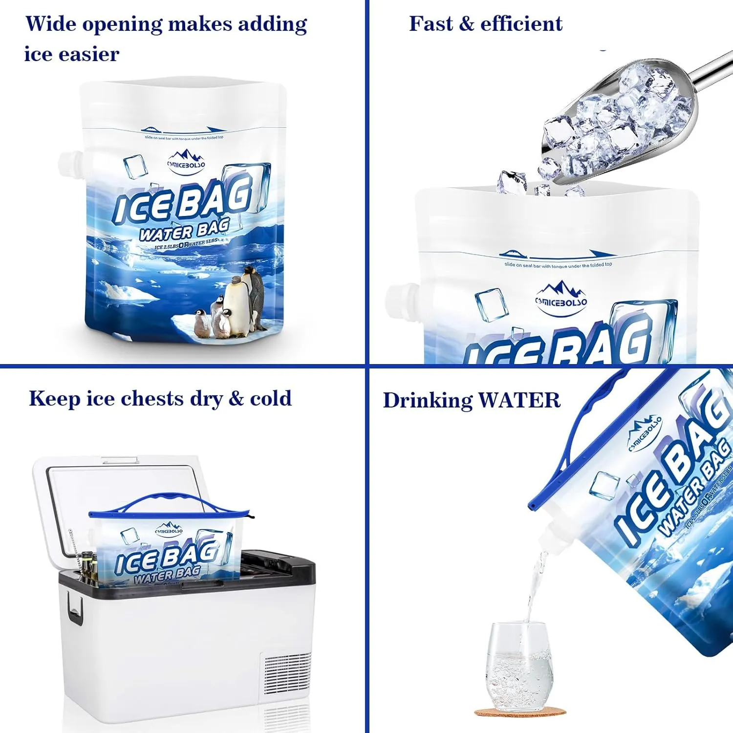 Reusable Ice Bag 2.5lb Ice Cube Bag, Ice Bags for Cooler 2 Pack,Leakproof Collapsible Water Container Long Lasting Dry Freezer Packs for Camping Hiking.
