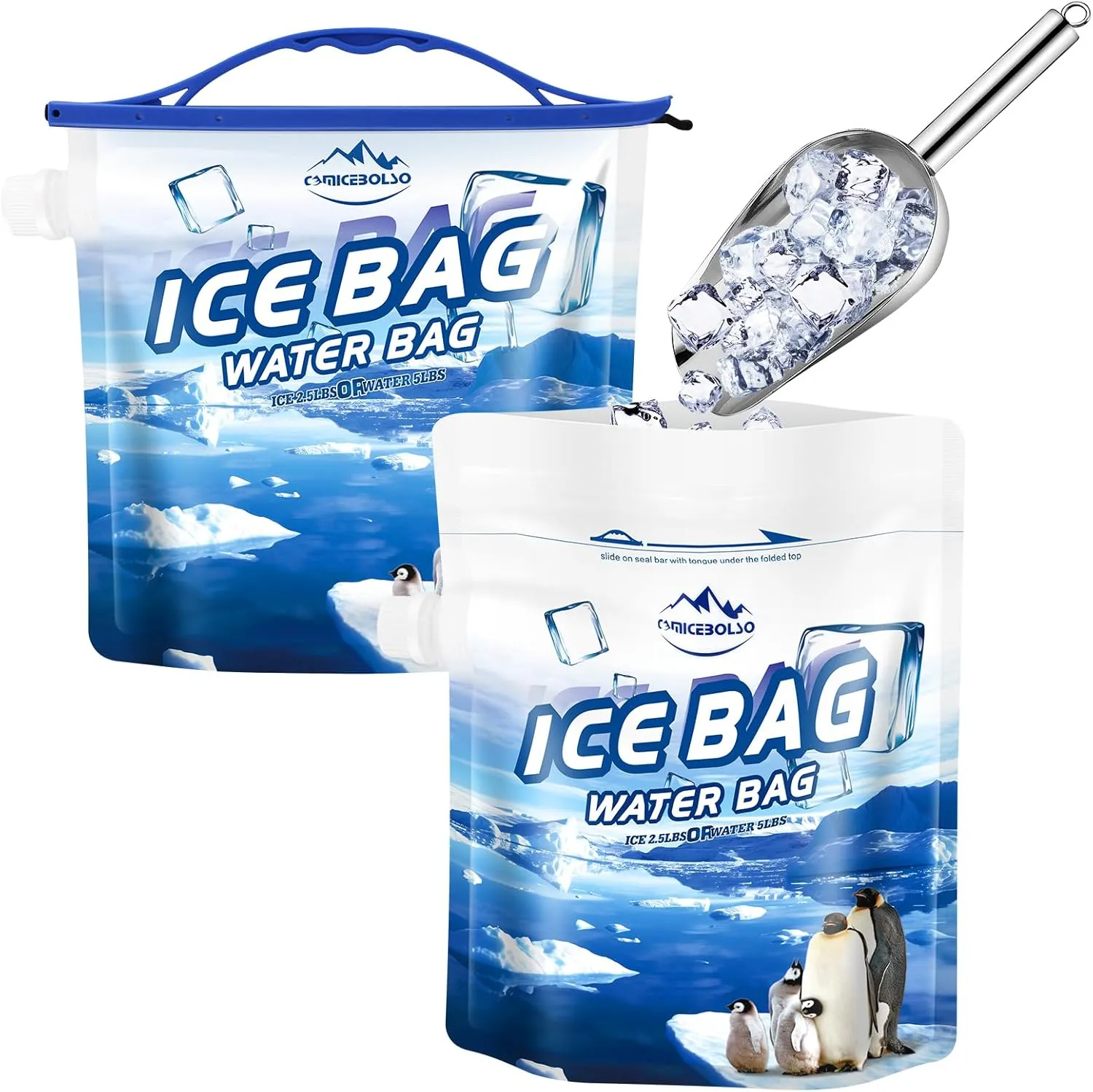 Reusable Ice Bag 2.5lb Ice Cube Bag, Ice Bags for Cooler 2 Pack,Leakproof Collapsible Water Container Long Lasting Dry Freezer Packs for Camping Hiking.