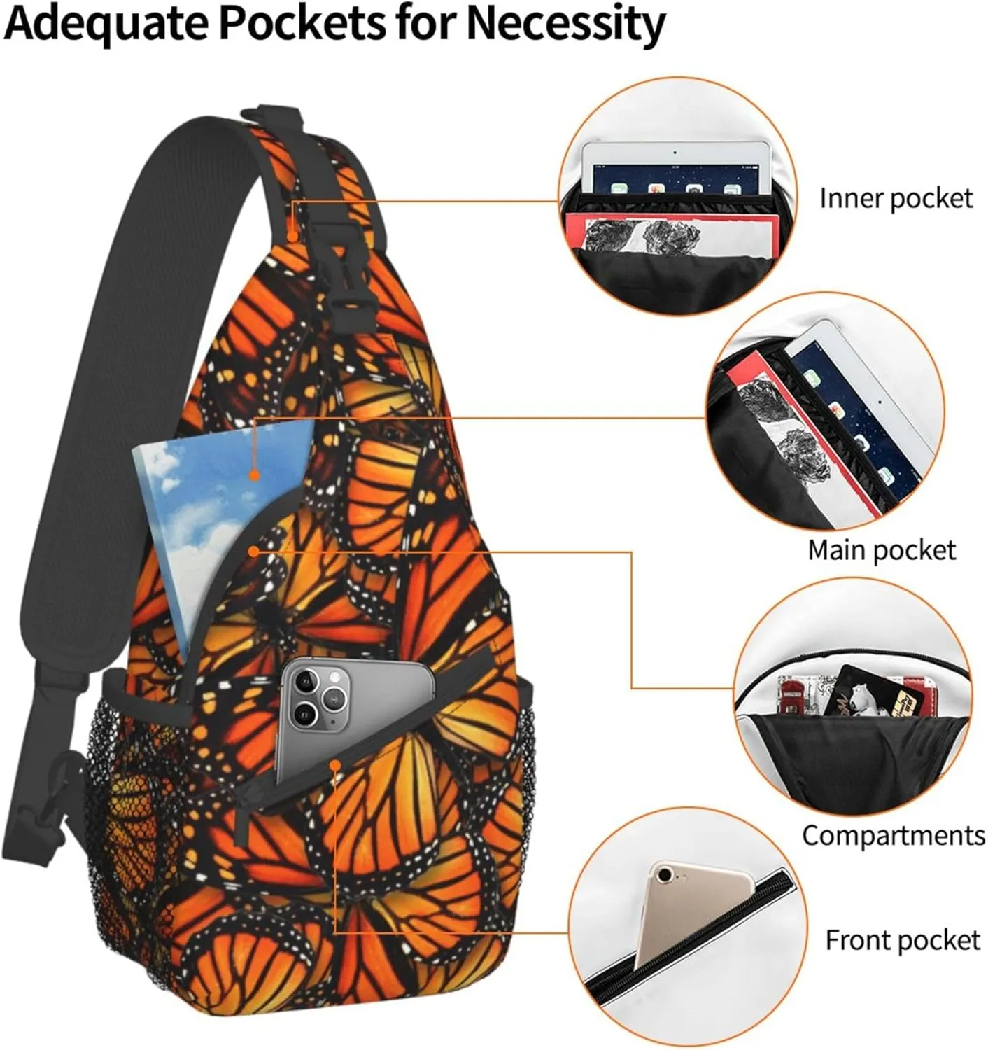RIMENCH Men Women Sling Bag Lightweight Chest Crossbody With Adjustable Strap For Picnics, Hiking, Beach, Gym Fashion beautiful orange monarch butterfly Daypack