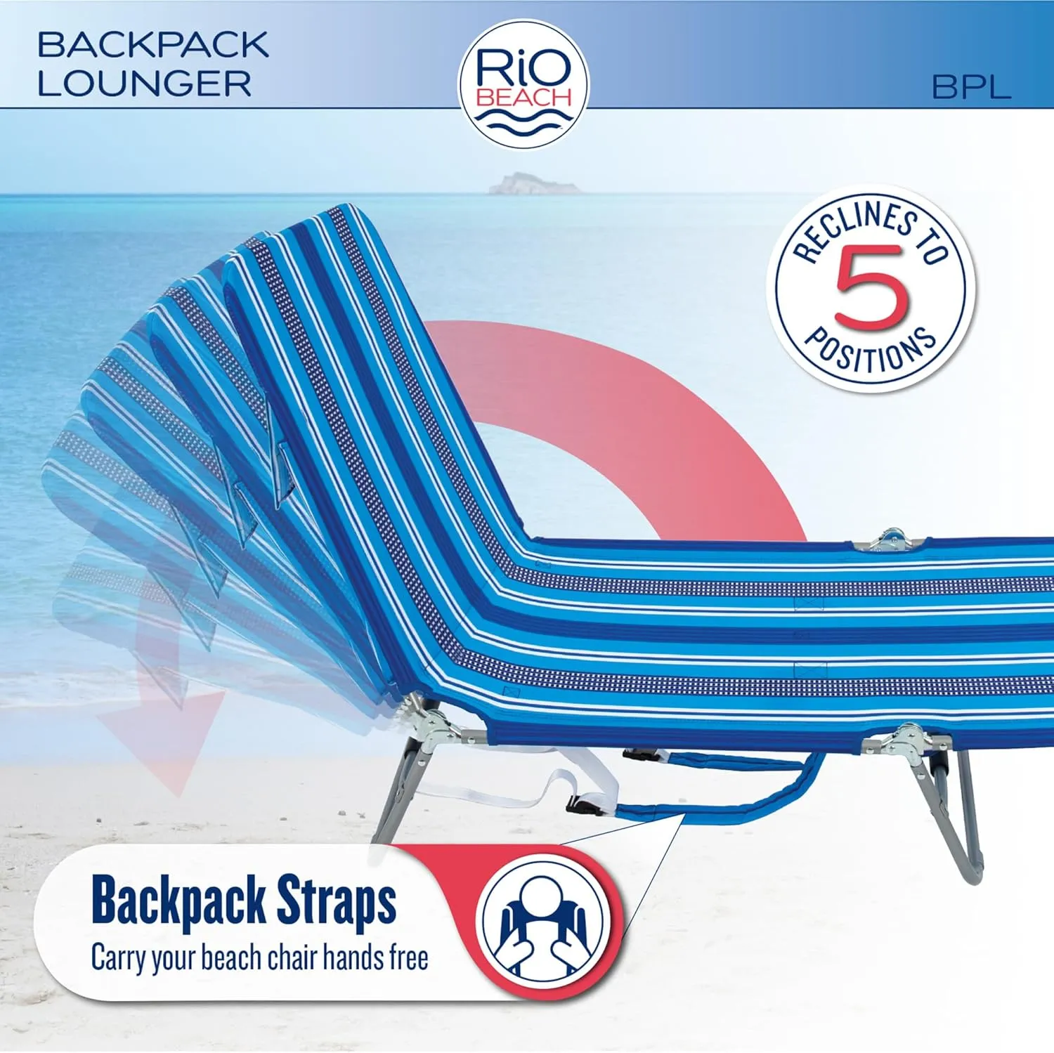 Rio Beach Portable Lay Flat Folding Backpack Beach Lounge Chair with Backpack Straps and Storage Pouch, Blue and Red