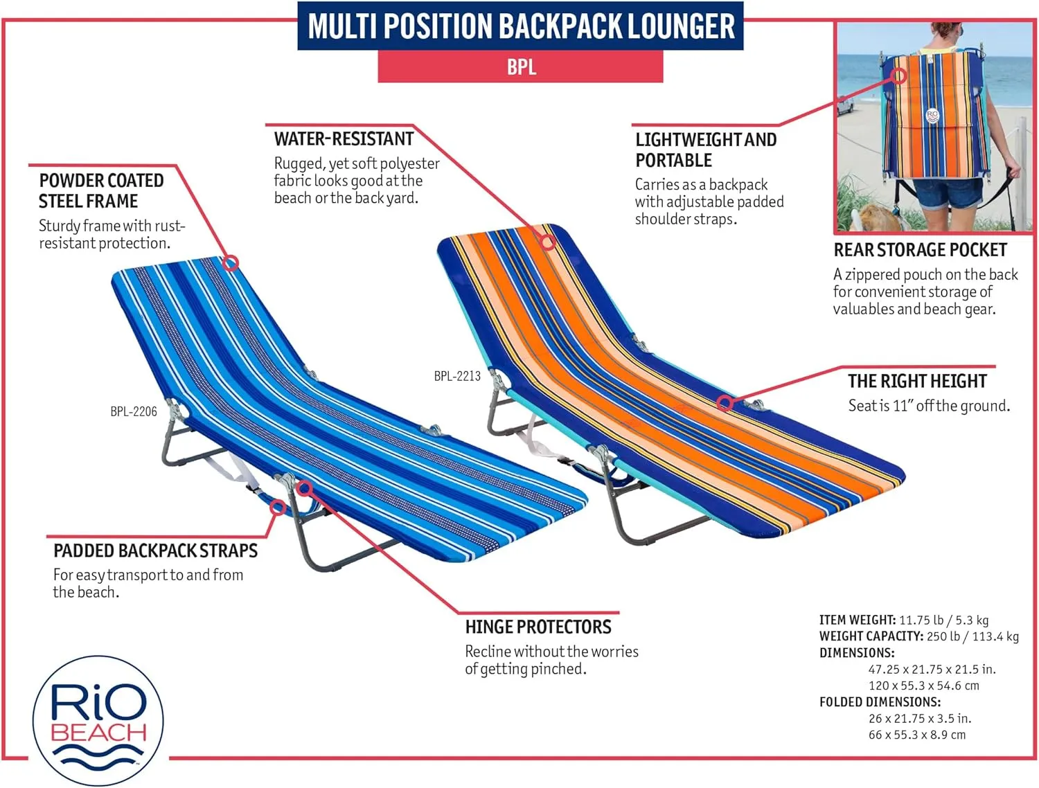 Rio Beach Portable Lay Flat Folding Backpack Beach Lounge Chair with Backpack Straps and Storage Pouch, Blue and Red