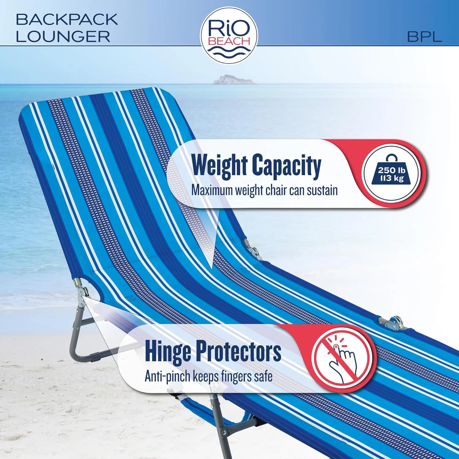 Rio Beach Portable Lay Flat Folding Backpack Beach Lounge Chair with Backpack Straps and Storage Pouch, Blue and Red