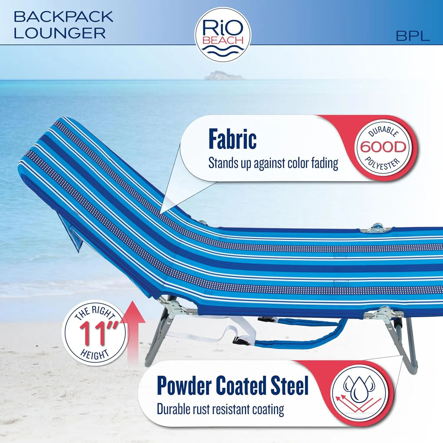 Rio Beach Portable Lay Flat Folding Backpack Beach Lounge Chair with Backpack Straps and Storage Pouch, Blue and Red