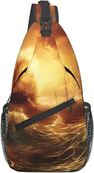 Rocky Wave Sunset Painting Men'S Casual Chest Crossbody Bag, Lightweight Durable Shoulder Sling Pack For Daily Use, Travel, And Outdoor.