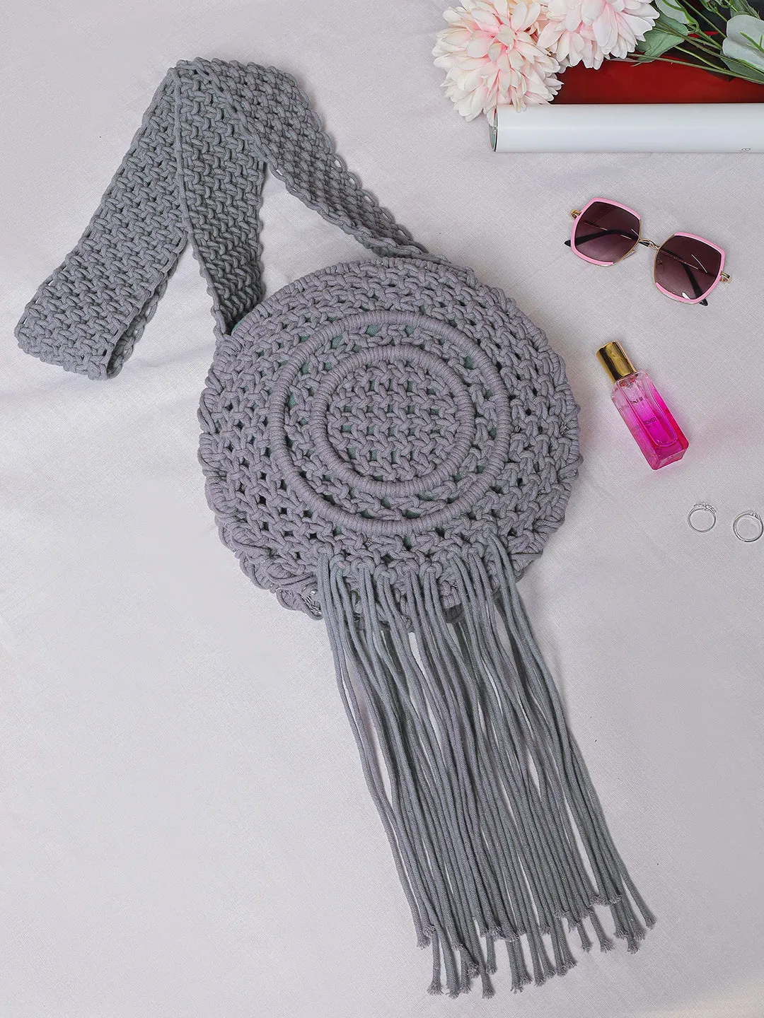 Round Macrame Fringe Boho Bag - Stormy Grey