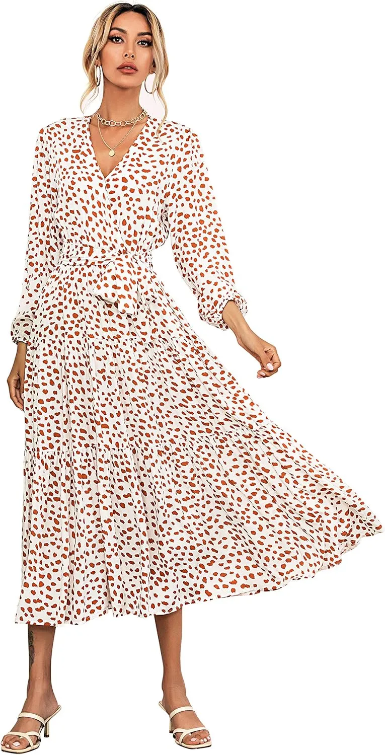 R.Vivimos Women's Fall Long Sleeve Casual Dresses Wrap V Neck Polka Dots Tiered Ruffle Flowy Midi Dress with Belt