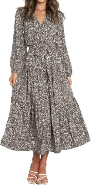 R.Vivimos Women's Fall Long Sleeve Casual Dresses Wrap V Neck Polka Dots Tiered Ruffle Flowy Midi Dress with Belt