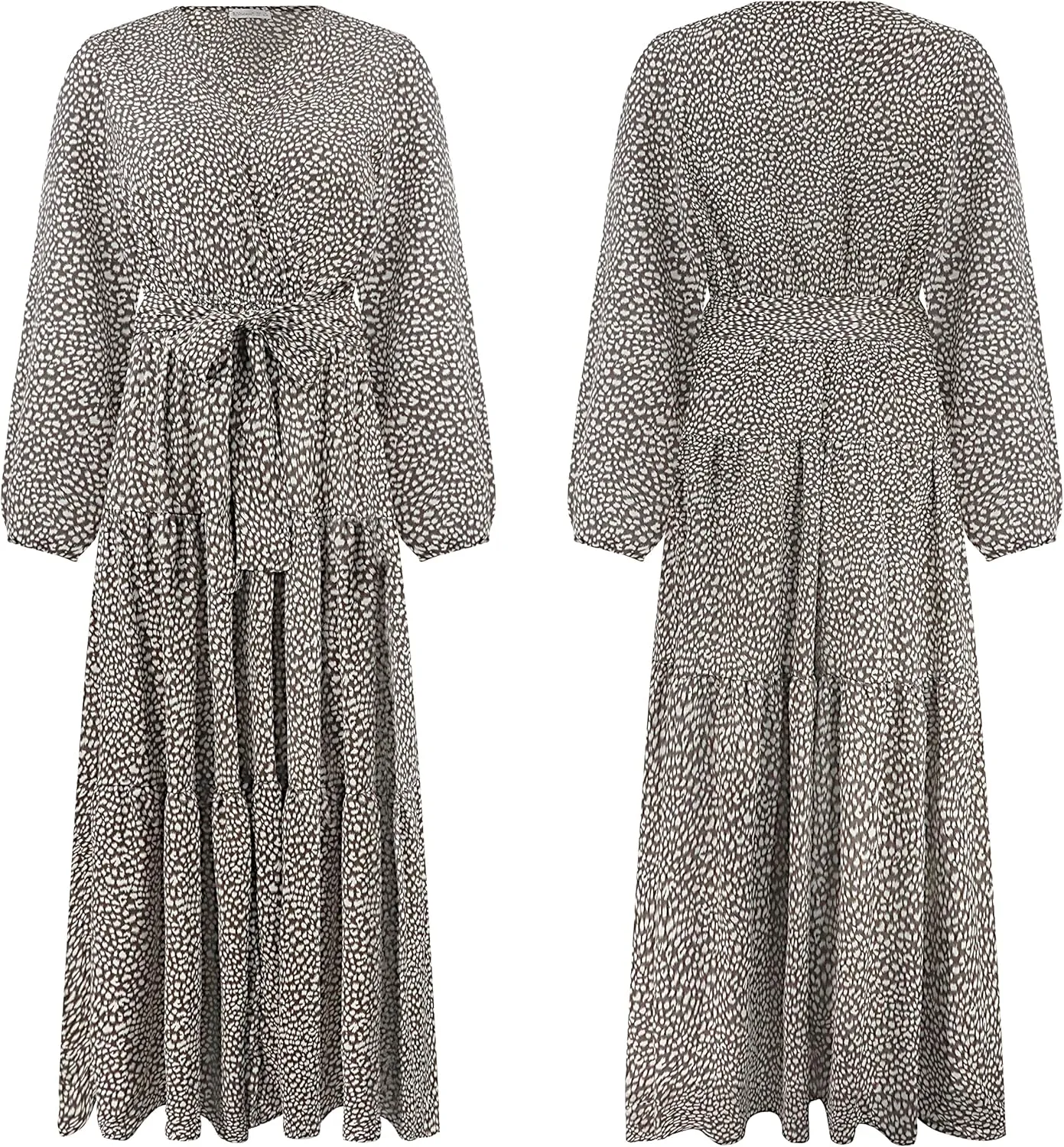 R.Vivimos Women's Fall Long Sleeve Casual Dresses Wrap V Neck Polka Dots Tiered Ruffle Flowy Midi Dress with Belt