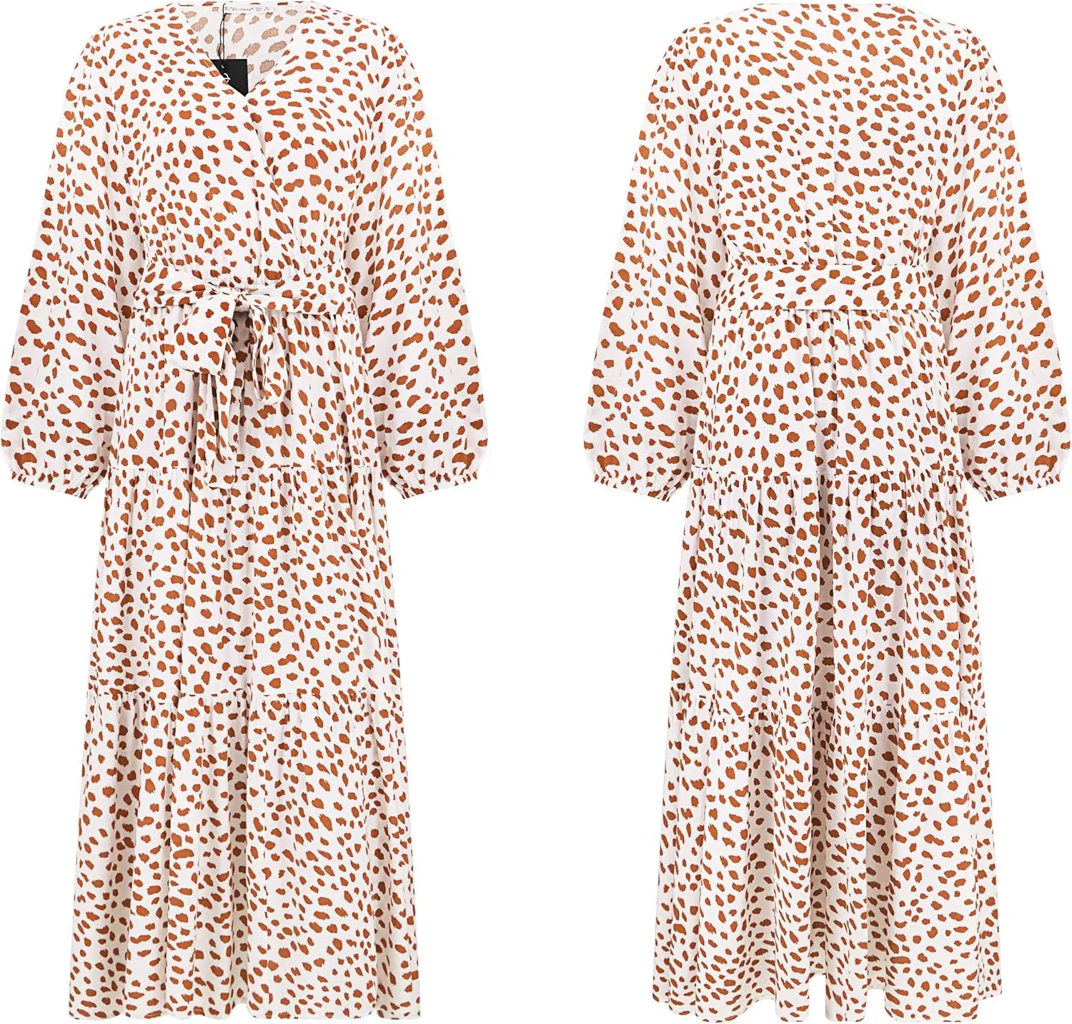 R.Vivimos Women's Fall Long Sleeve Casual Dresses Wrap V Neck Polka Dots Tiered Ruffle Flowy Midi Dress with Belt