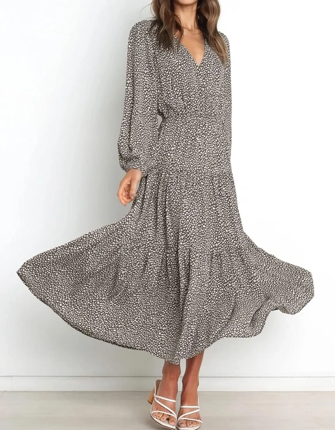 R.Vivimos Women's Fall Long Sleeve Casual Dresses Wrap V Neck Polka Dots Tiered Ruffle Flowy Midi Dress with Belt