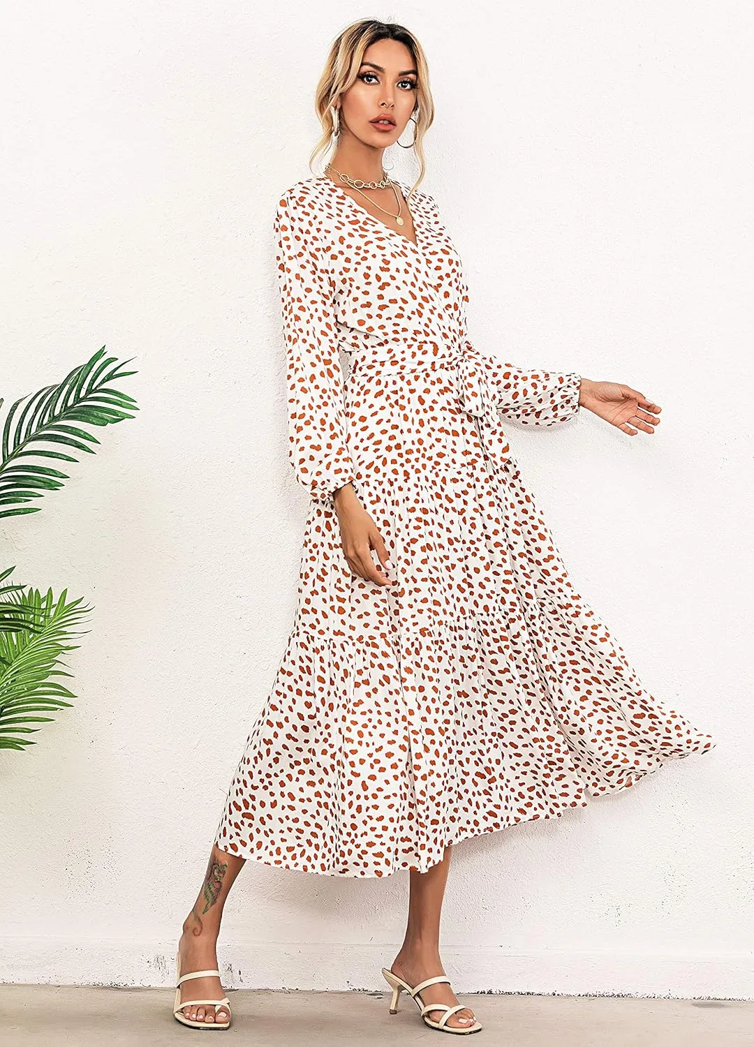 R.Vivimos Women's Fall Long Sleeve Casual Dresses Wrap V Neck Polka Dots Tiered Ruffle Flowy Midi Dress with Belt