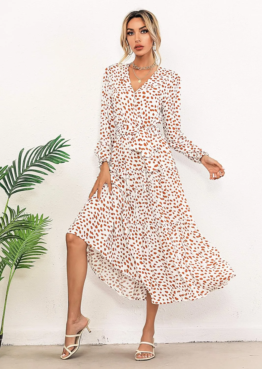 R.Vivimos Women's Fall Long Sleeve Casual Dresses Wrap V Neck Polka Dots Tiered Ruffle Flowy Midi Dress with Belt