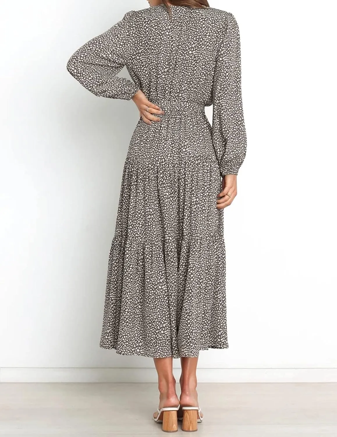 R.Vivimos Women's Fall Long Sleeve Casual Dresses Wrap V Neck Polka Dots Tiered Ruffle Flowy Midi Dress with Belt