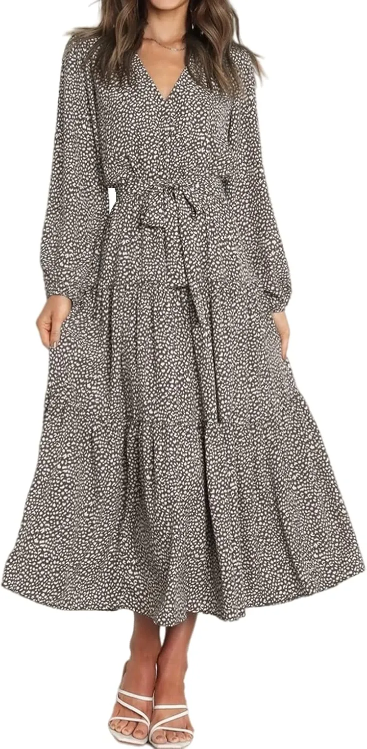 R.Vivimos Women's Fall Long Sleeve Casual Dresses Wrap V Neck Polka Dots Tiered Ruffle Flowy Midi Dress with Belt