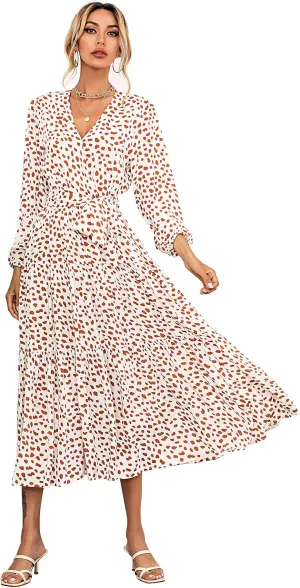 R.Vivimos Women's Fall Long Sleeve Casual Dresses Wrap V Neck Polka Dots Tiered Ruffle Flowy Midi Dress with Belt