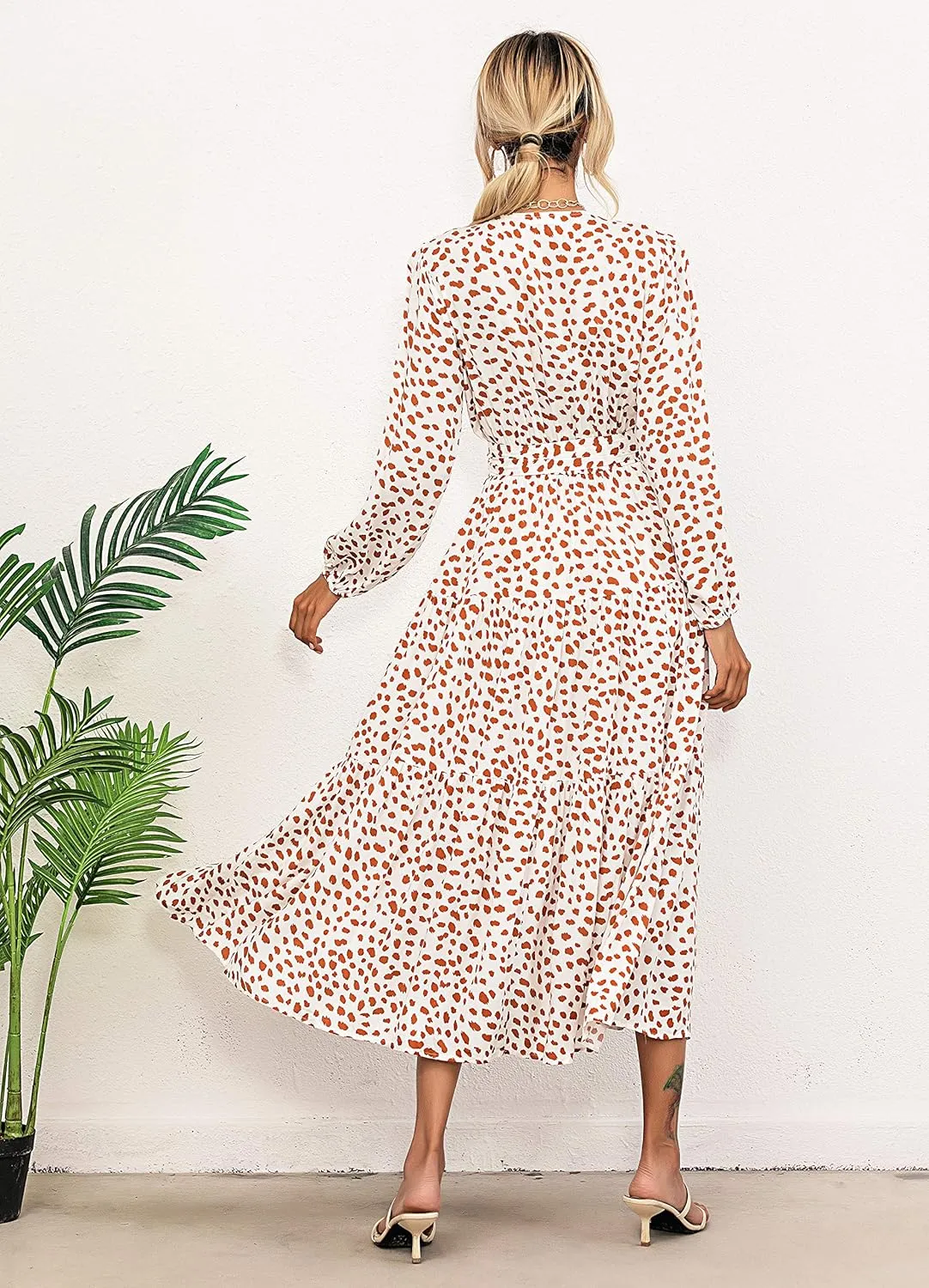 R.Vivimos Women's Fall Long Sleeve Casual Dresses Wrap V Neck Polka Dots Tiered Ruffle Flowy Midi Dress with Belt