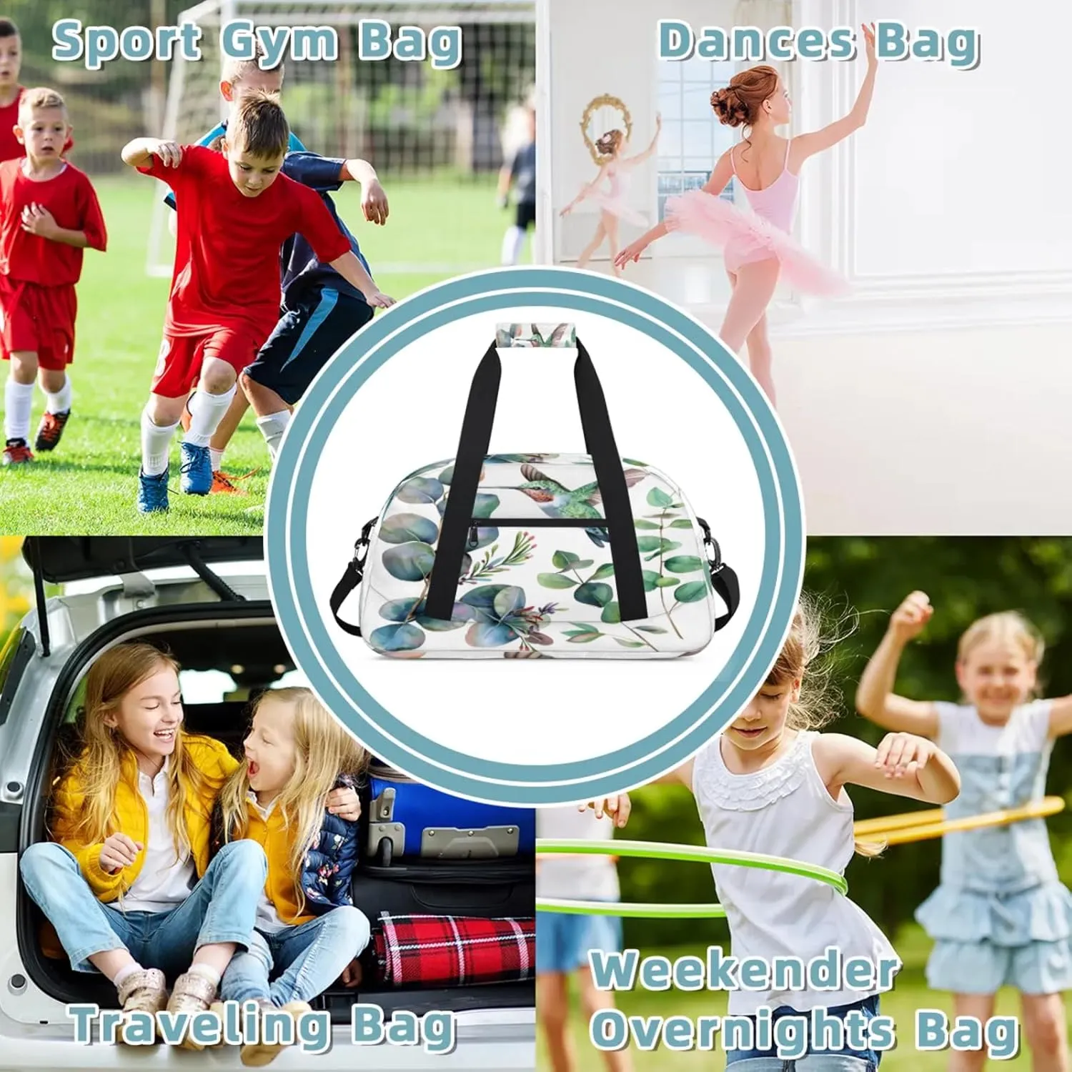 Sage Green Eucalyptus Leaf Hummingbird Small Gym Bag 18 inch Carry On Duffel Bag for Weekender Travel Sports Workout Yoga Gymnastics Dance Ballet