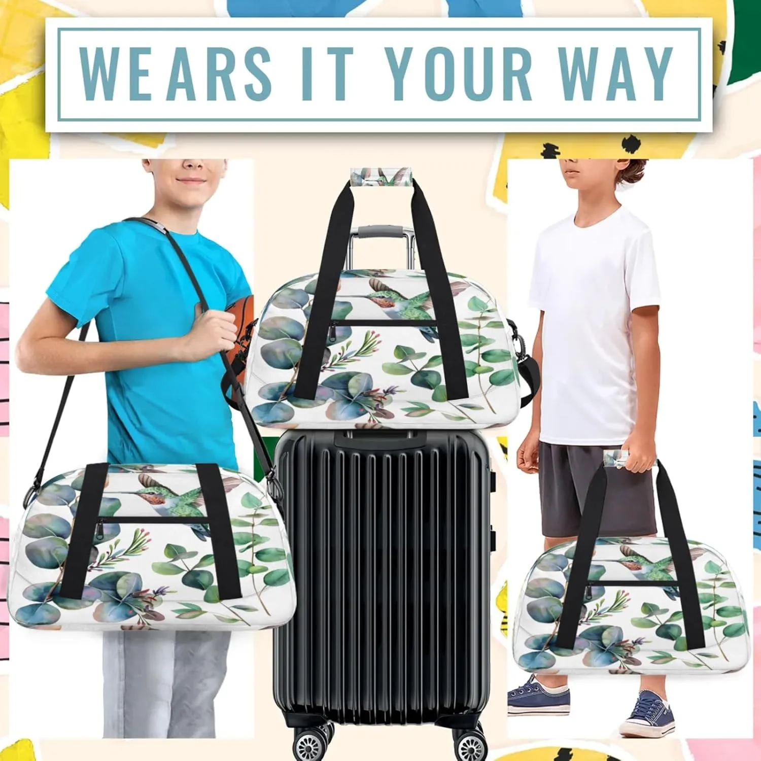 Sage Green Eucalyptus Leaf Hummingbird Small Gym Bag 18 inch Carry On Duffel Bag for Weekender Travel Sports Workout Yoga Gymnastics Dance Ballet