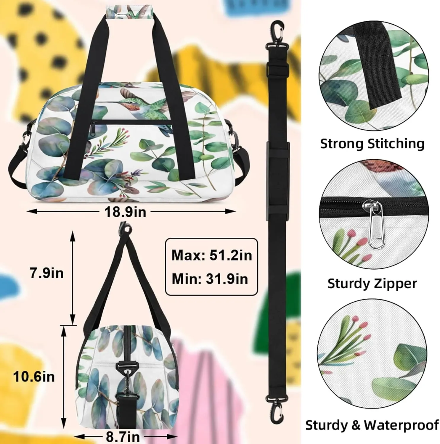 Sage Green Eucalyptus Leaf Hummingbird Small Gym Bag 18 inch Carry On Duffel Bag for Weekender Travel Sports Workout Yoga Gymnastics Dance Ballet